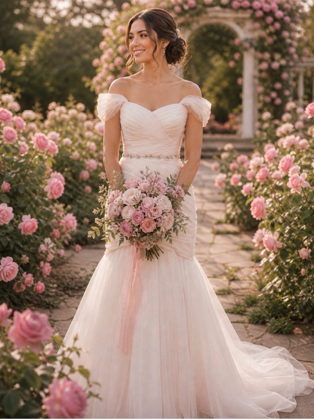David’s Bridal Whisper Pink Mermaid Wedding Gown